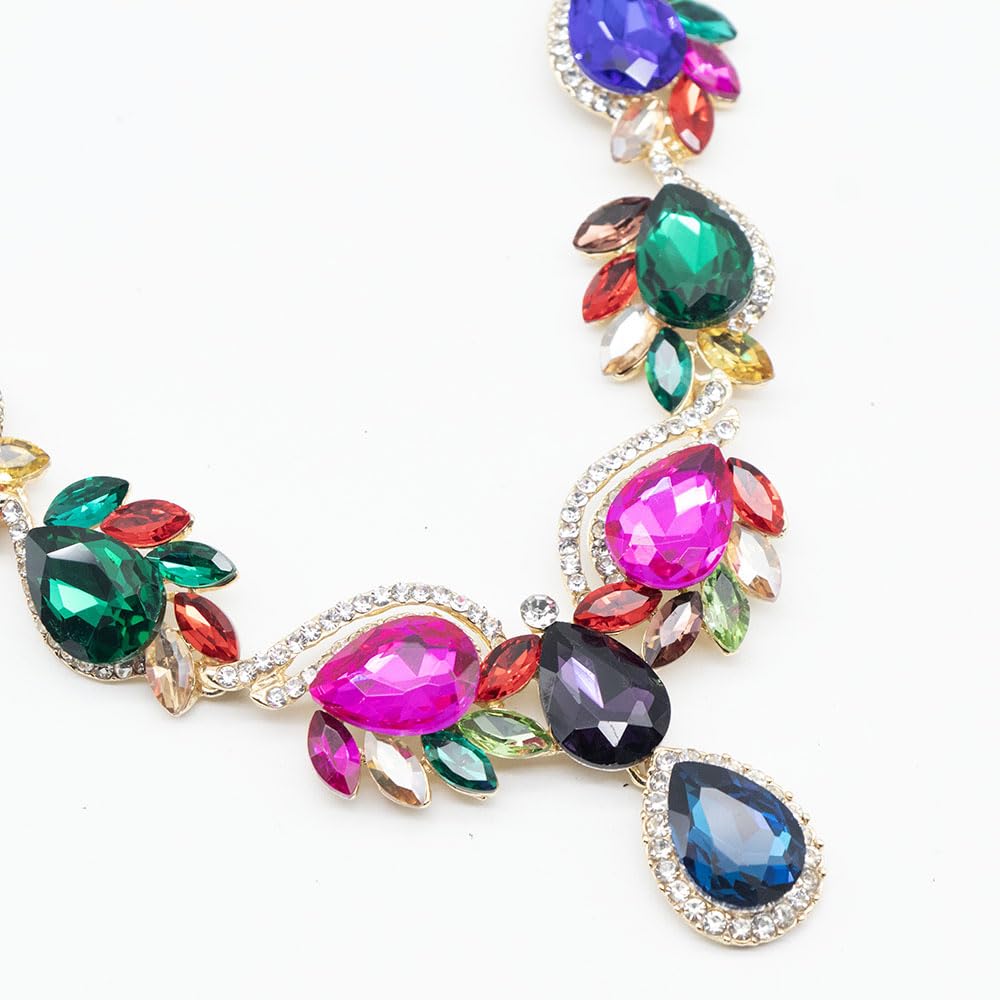 Qlavoca Crystal Rhinestone Statement Necklace jewerly Set Teardrop Cluster Dangle Earrings Set for Bridal Evening Prom Jewelry Accessories (Colorful)