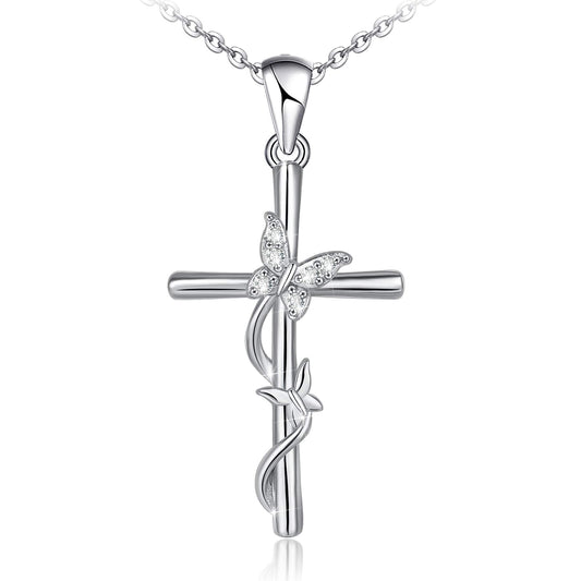 Distance Cross Necklace for Women 925 Sterling Silver Double Butterfly Pendant Necklace for Mom Wife Gift for Mother's Day or Birthday