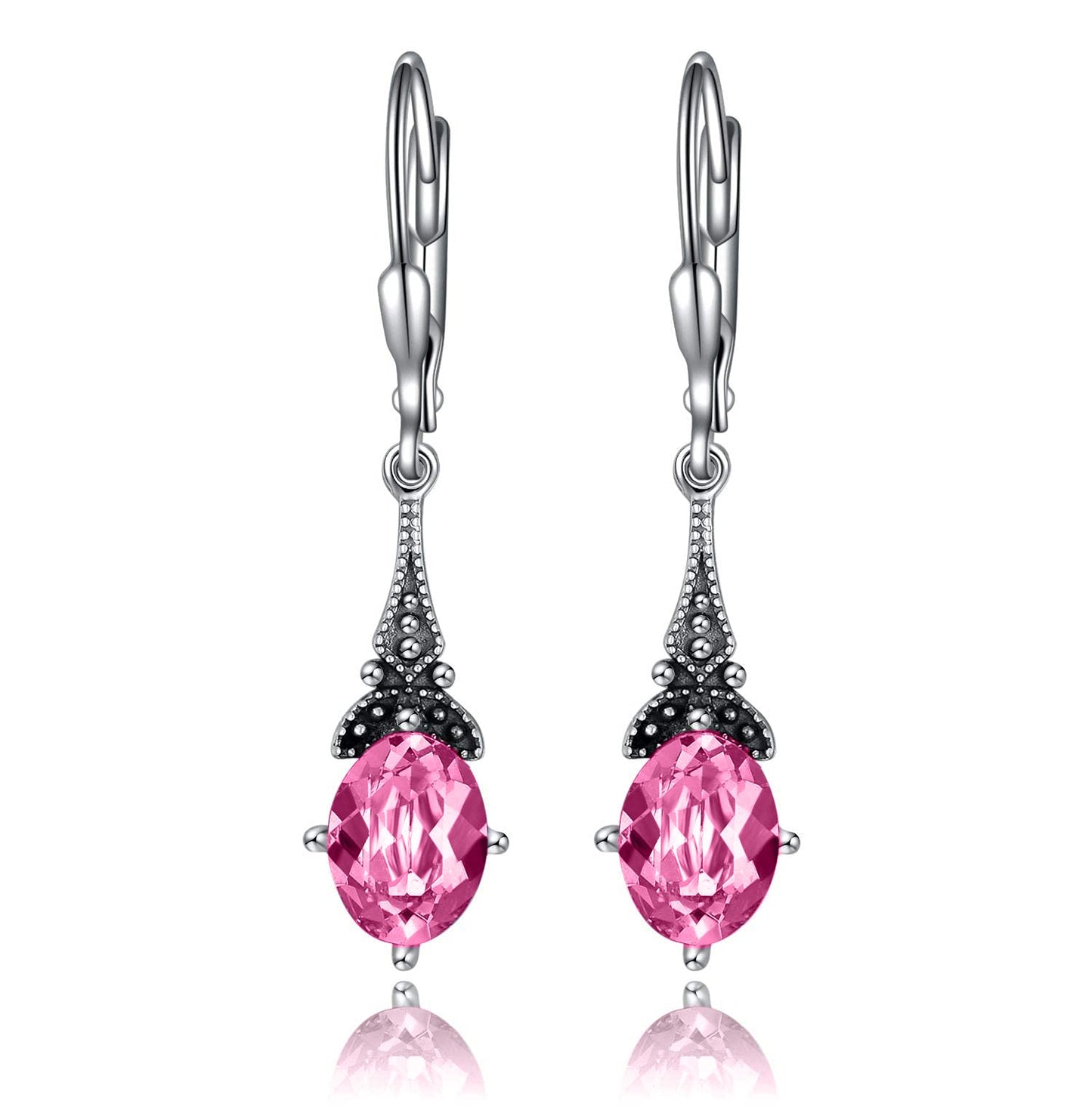 Pink October Birthstone Vintage Leverback Earrings Sterling Silver Retro Drop Dangle with Crystal, Birthday Jewelry Gifts for Women