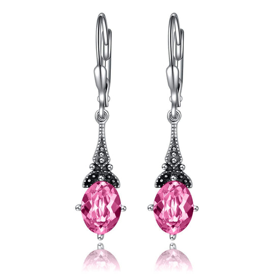 Pink October Birthstone Vintage Leverback Earrings Sterling Silver Retro Drop Dangle with Crystal, Birthday Jewelry Gifts for Women