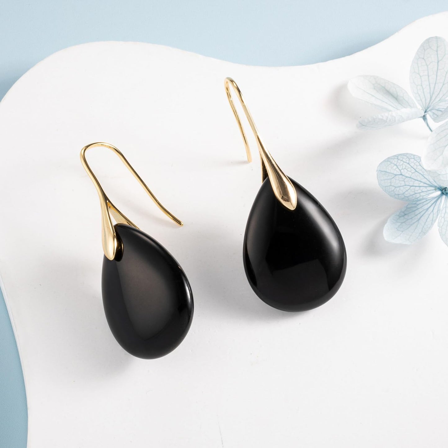 SELOVO Black Agate Teardrop Stone Drop Earrings Dangle Earrings Gold Tone