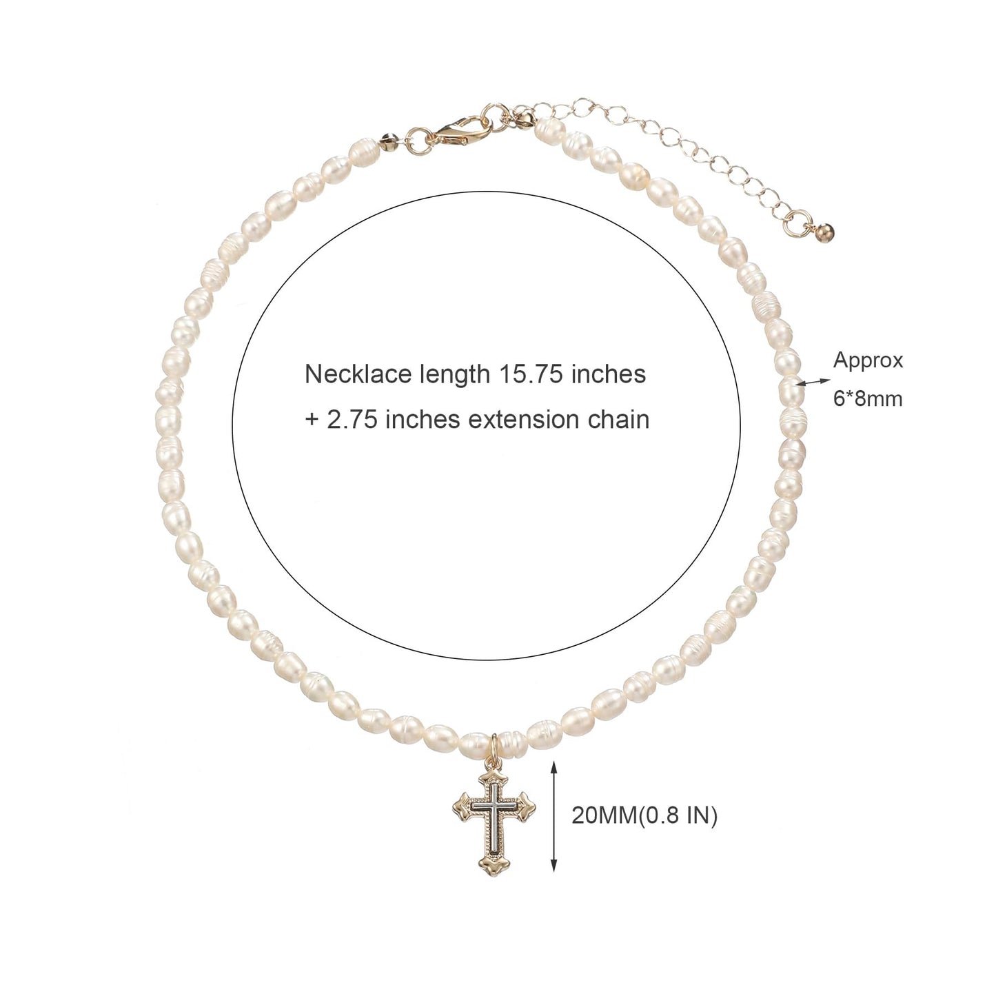 wgoud Natural Freshwater Pearl Choker Necklace for Women, Trendy 14K Gold Plated Pearl Necklaces Handmade Jewelry Gift (Cross Two-tone)