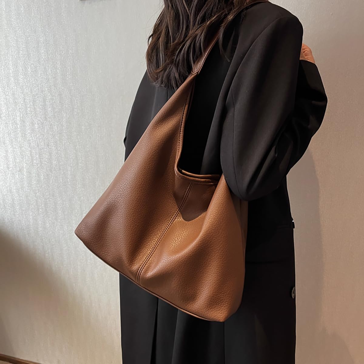 Hobo Bags for Women Slouchy Tote Bag Soft Casual PU Leather Shoulder Purses 2pcs Work Everyday Handbags (Coffee)