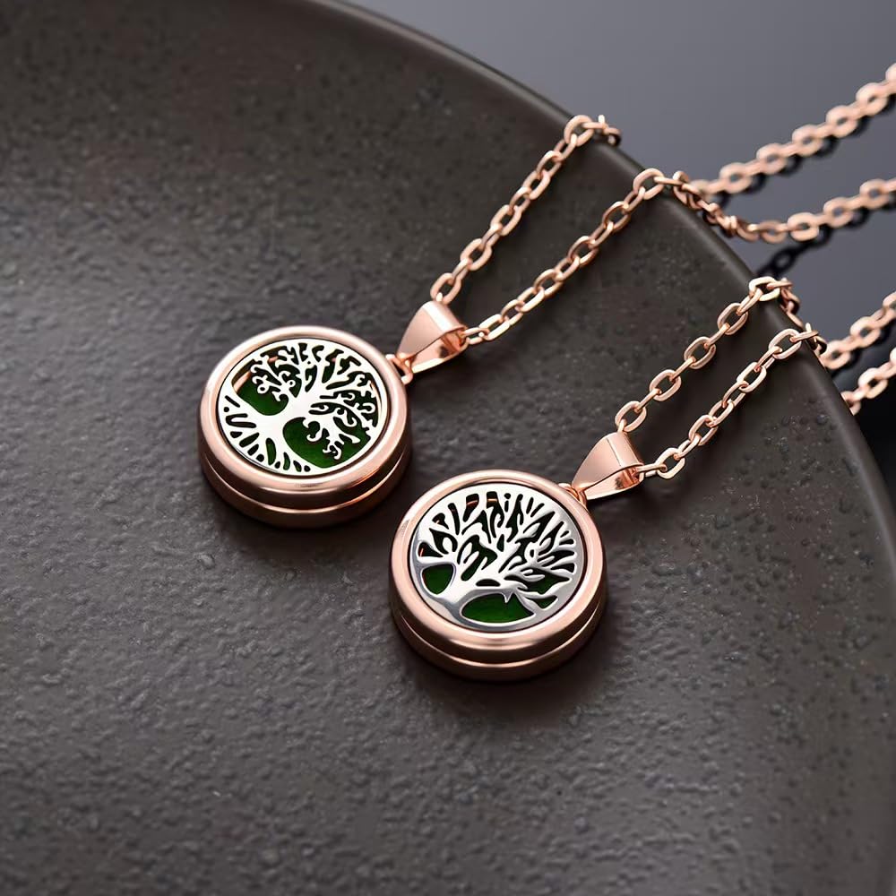 4-Piece Rose Gold Tree of Life Aromatherapy Necklace Set, Essential Oil Diffuser Pendant, Women's Stainless Steel Fragrance Jewelry, Includes Replacement Cotton Pads