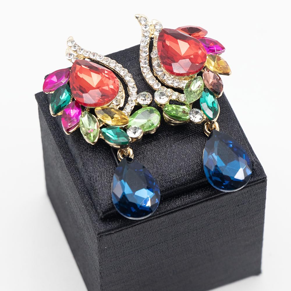 Qlavoca Crystal Rhinestone Statement Necklace jewerly Set Teardrop Cluster Dangle Earrings Set for Bridal Evening Prom Jewelry Accessories (Colorful)