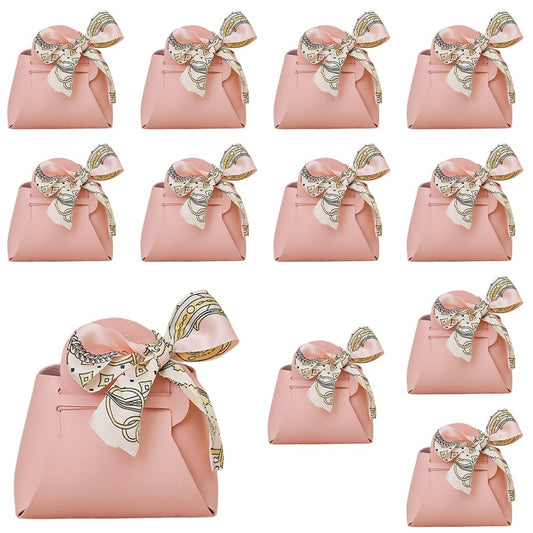 CALFOVERA 12 Pack Small Party Favor Boxes Reusable Faux Leather Gift Candy Wrapping Bags with Handle Ribbon Pink Mini Treat Handbags for Weddings Party Guest Gift Bridal Showers Birthday Halloween