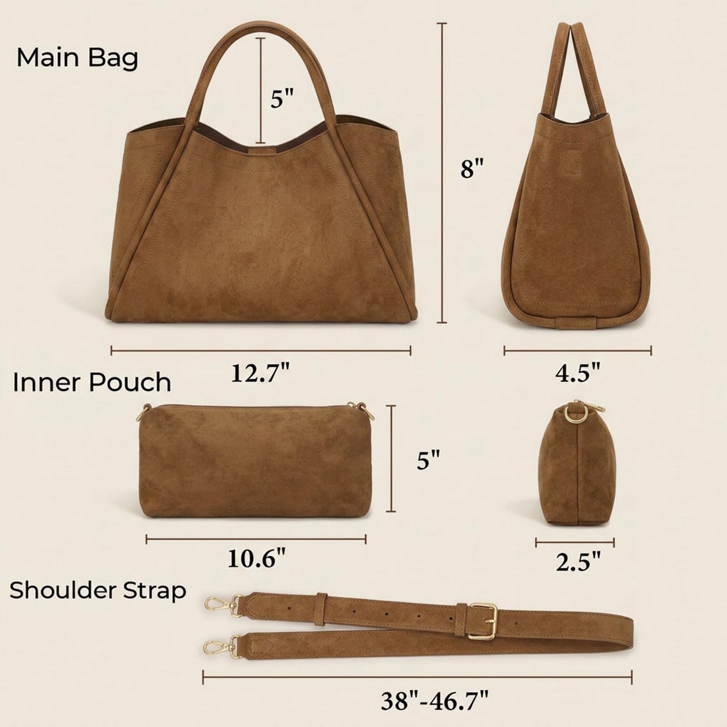 Omanmoli Suede Leather Purses for Women Handbags Crossbody Shoulder Bags Top Handle Satchel with Adjustable Strap & Inner Pouch,Brown