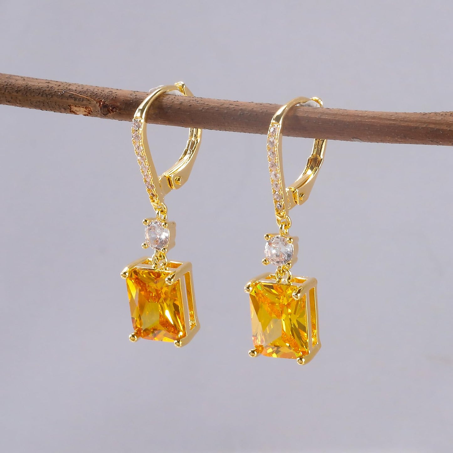 CiNily Leverback Earrings for Women Rectangular-cut Drop Dangle Earring Hypoallergenic, 14K Gold Plated Yellow Cubic Zircon Earrings Diamond Dangle Ear Rings Jewelry Birthday