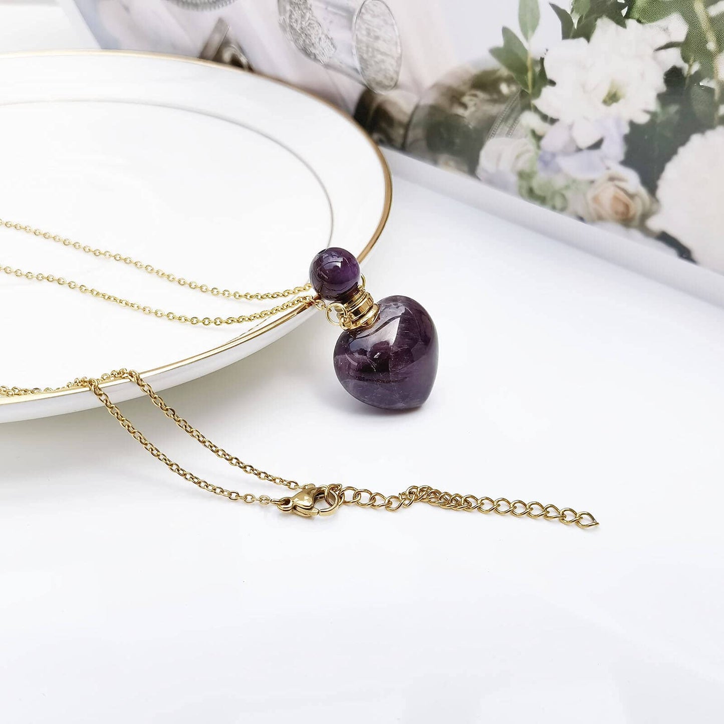 Ladywowu Perfume Bottle Necklace Heart Shape, Amethyst Necklace Healing Crystal for Women, Essential Oil Diffuser Bottle Necklace Jewelry, Gemstone Heart Vial Necklaces for Liquid (Amethyst)