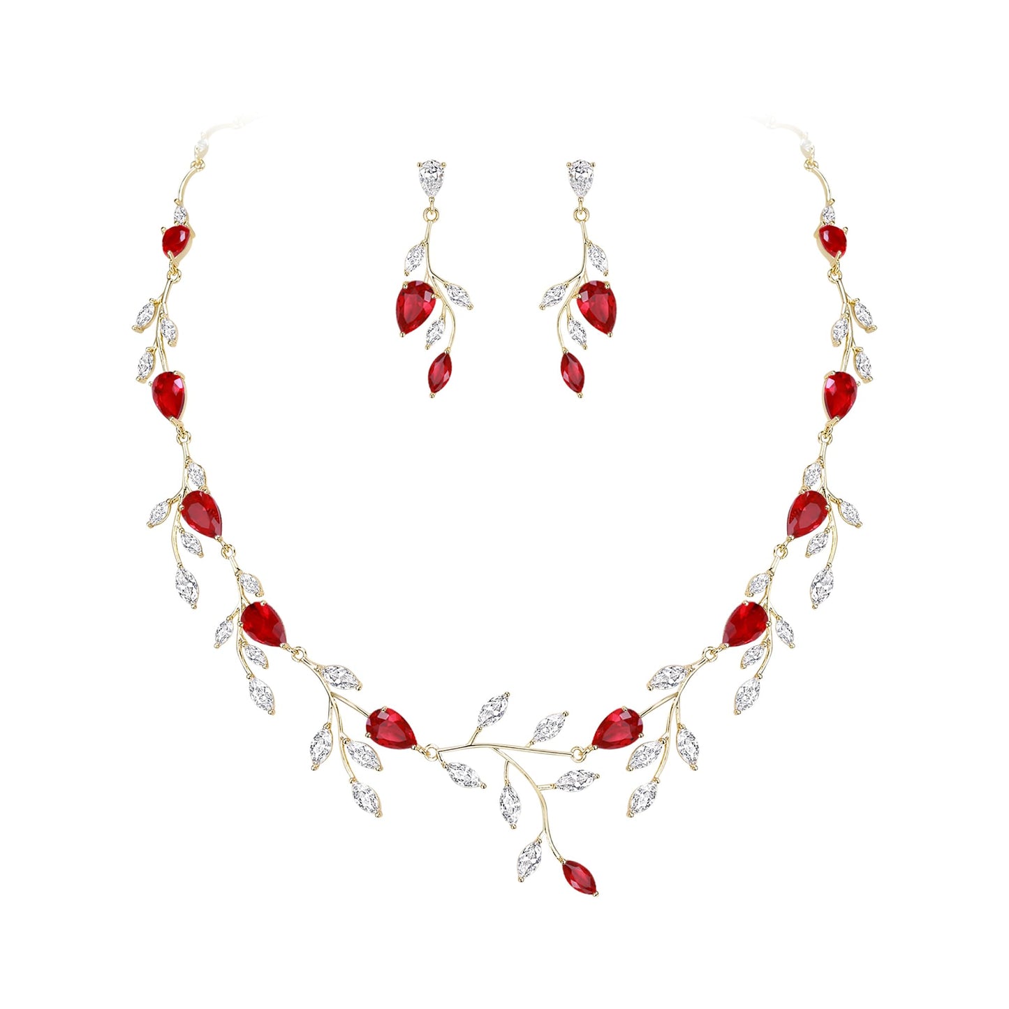 EVER FAITH Party Jewelry Set for Women, Sparkly Cubic Zirconia Pear-Shaped Birthstone Leaf Necklace Earrings Sets for Prom Red Gold-Plated-Brass