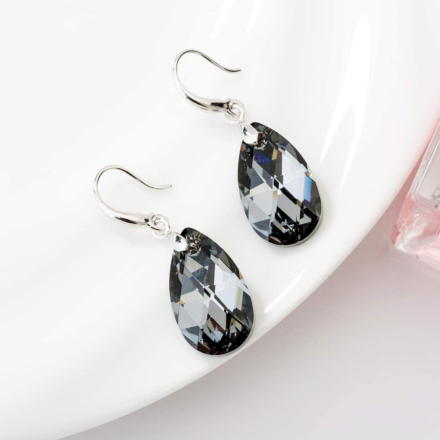 Austrian Crystal Teardrop Dangle Hook Earrings for Women 14K Gold Plated Hypoallergenic Jewelry (Grey-Black)