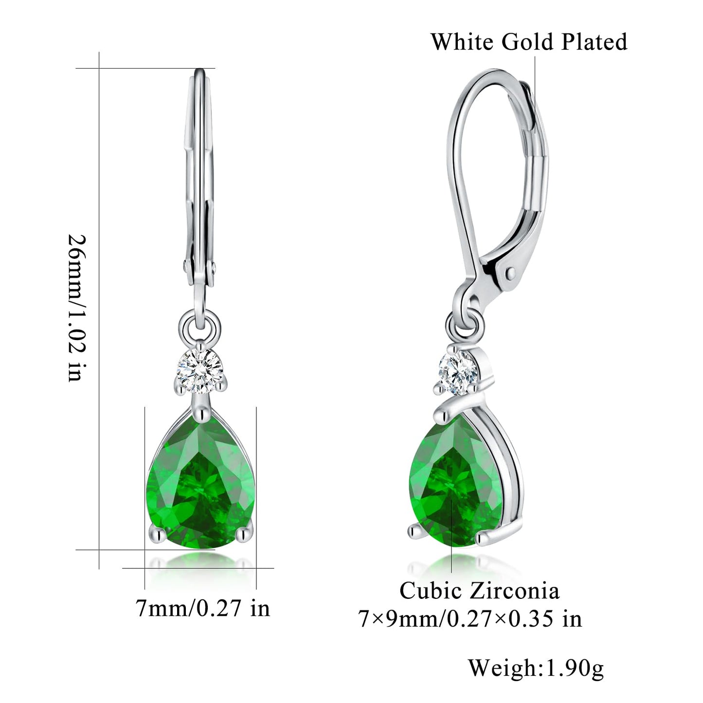 CiNily Leverback Dangle Earrings for Women 14K White Gold Plated Drop Earrings Green Cubic Zircon Fashion Teardrop Hoop Earrings Hypoallergenic Mothers Day Jewelry