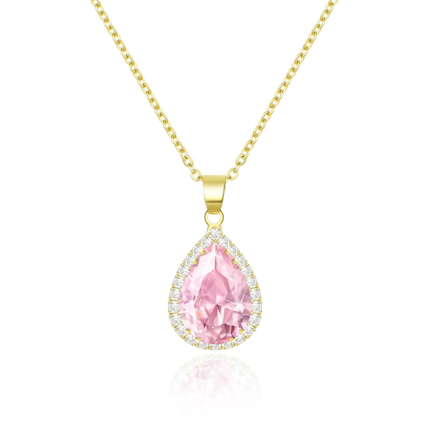 Linawe Fake Pink Crystal Pendant, KC Imitation Gold Plated Chain Imitation Diamond Cubic Zirconia Birthstone Rhinestone Teardrop Necklace, Bridal Wedding Bride Bridesmaids Jewelry Set