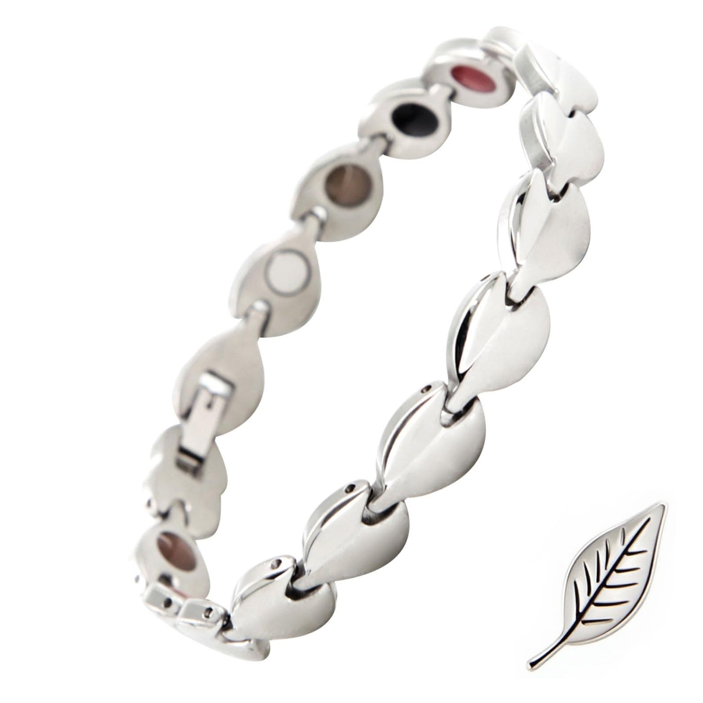 KYOSI Magnetic Bracelets for Women Stainless Steel Womens Magnet Bracelet Leaf Shape Fashion Christmas Gift (Silver, 7.87 inches)