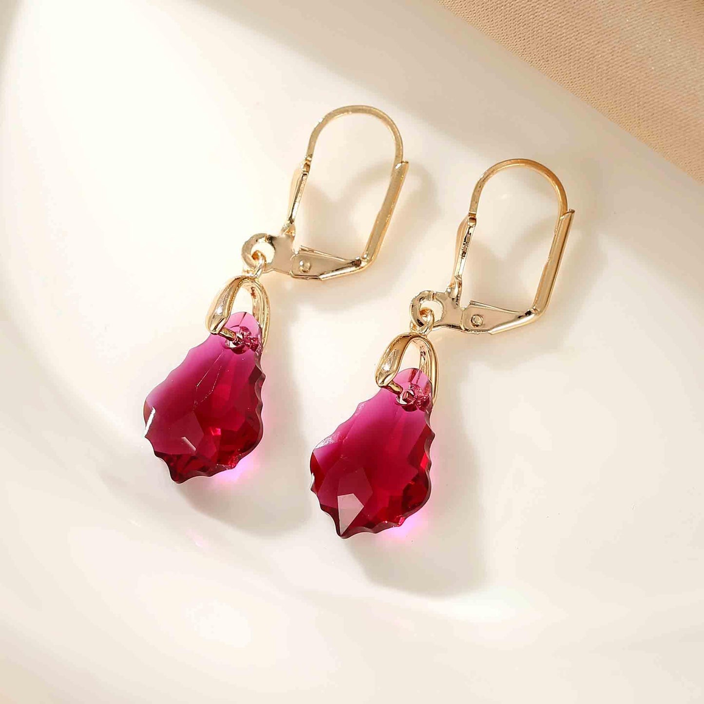 Austrian Crystal Baroque Drop Leverback Earrings for Women Fashion 14K Gold Plated Hypoallergenic Jewelry (Fuchsia)
