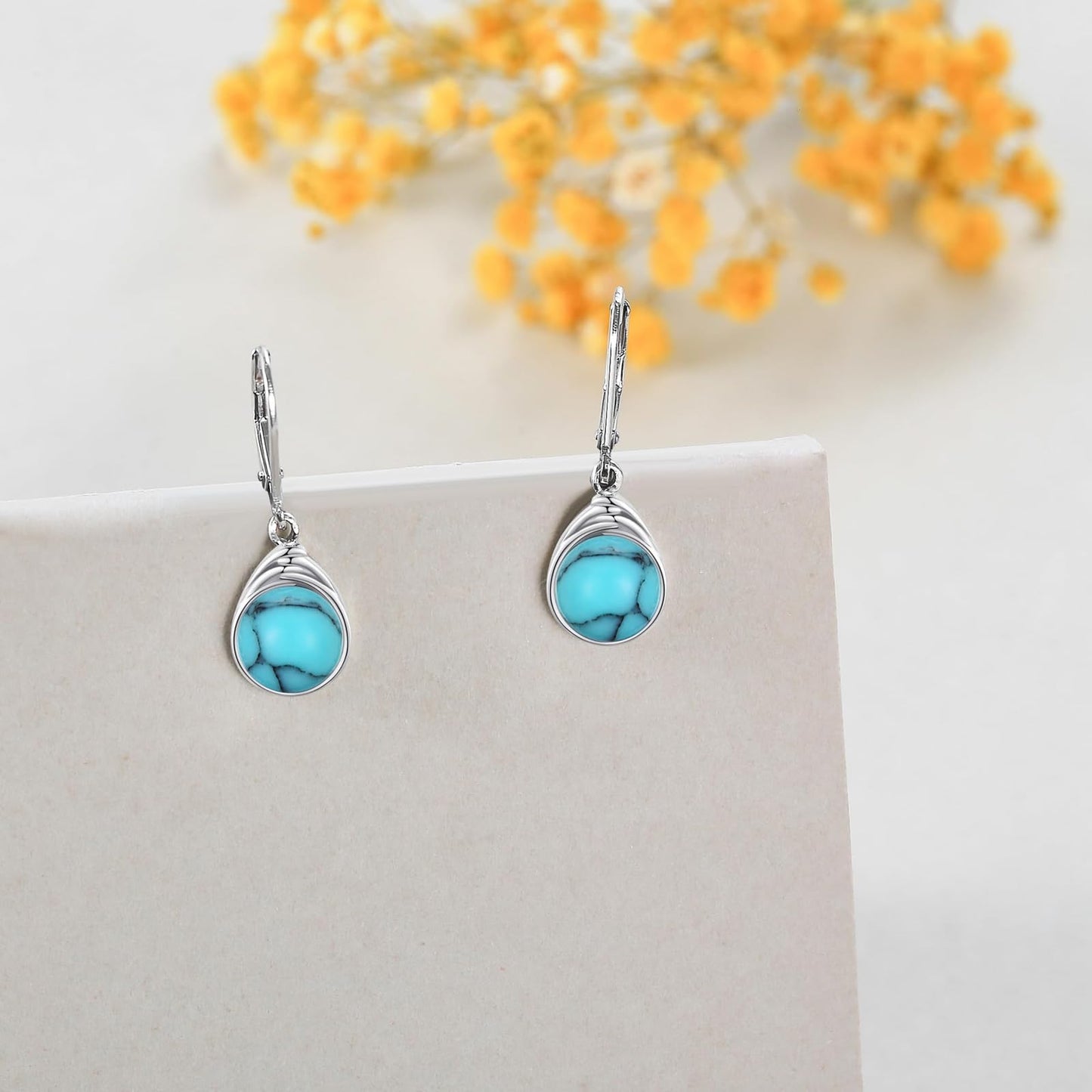 POPLYKE Turquoise Sterling Silver Round Turquoise Leverback Dangle Earrings