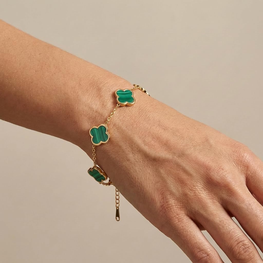 SHINYY Four Leaf Clover Bracelet for Women | 18K Gold Plated Cubic Zirconia Link Bracelet | 4 Leaf Lucky Jewelry Gift for Her (Green Gold Simple)