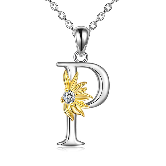POPLYKE Sterling Silver Initial Alphabet Letter Script Name Pendant Chain Necklace for Women for (Sunflower P)
