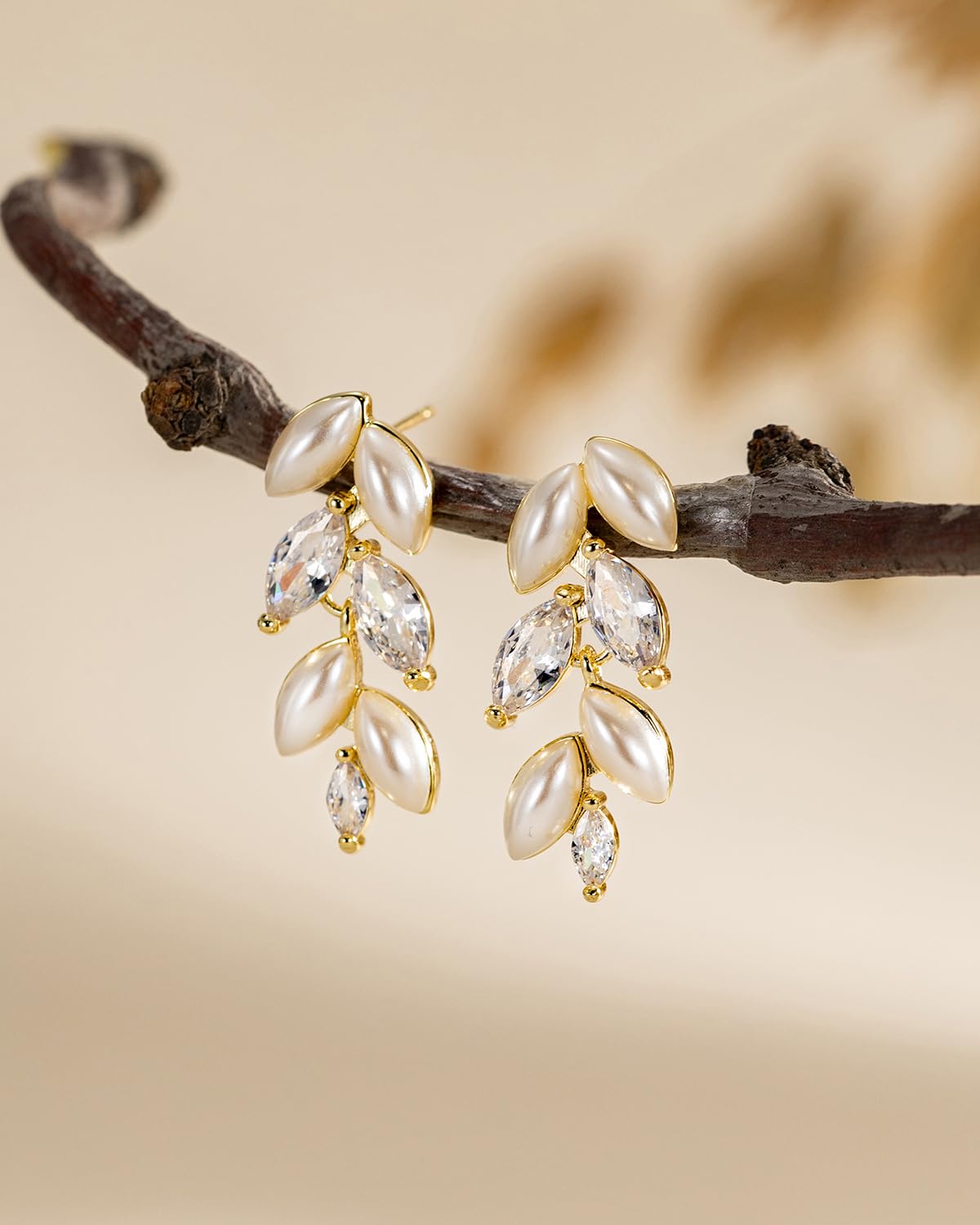 PRTGL Pearl Drop Earrings - 14K Gold Plated Cubic Zirconia Accented for Women Wedding Bridal