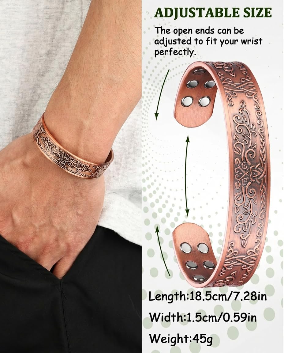 MagEnergy Copper Bracelet for Men, 18X Strength Magnetic Bracelet with 3800 Gauss Magnets, 99.99% Pure Solid Copper, Men's Jewelry Gift (Copper-Tree of Love)
