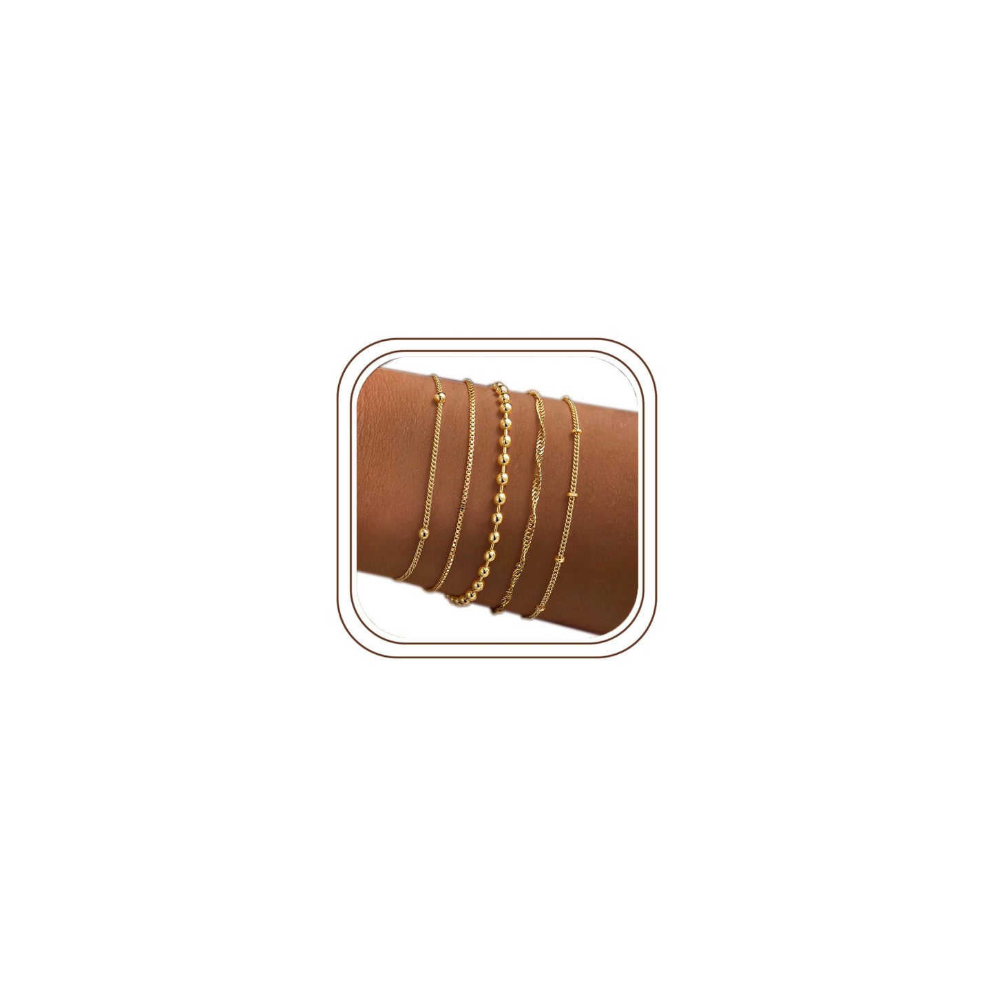 Turandoss Gold Bracelets Stack for Women, Dainty 14K Gold Plated Stackable Bracelet Set Adjustable Beaded Satellite Box Chain Bracelet Waterproof Non Tarnish Jewelry Gifts for Women