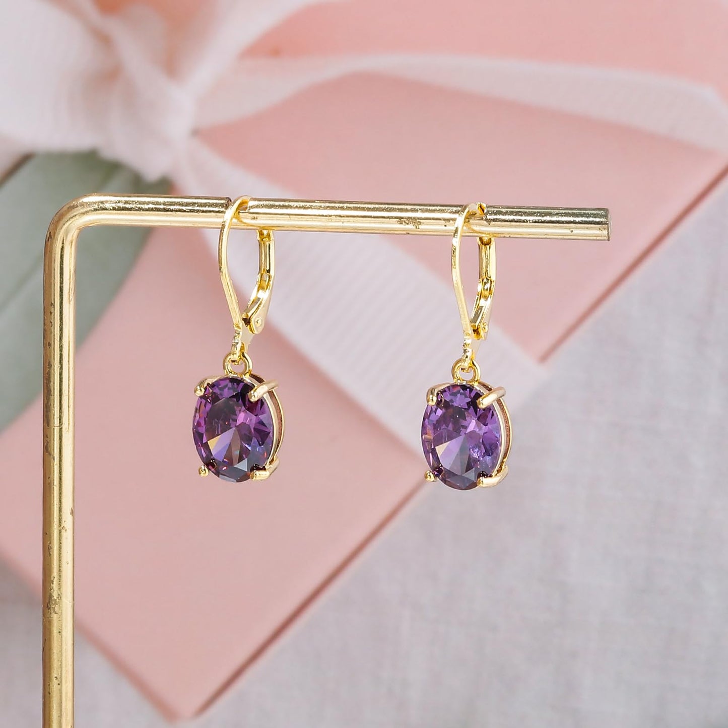 CiNily Cut-Oval Leverback Dangle Earrings for Women Purple Cubic Zircon 14K Gold Plated Hypoallergenic Hanging Earrings Lightweight Summer Drop Earrings