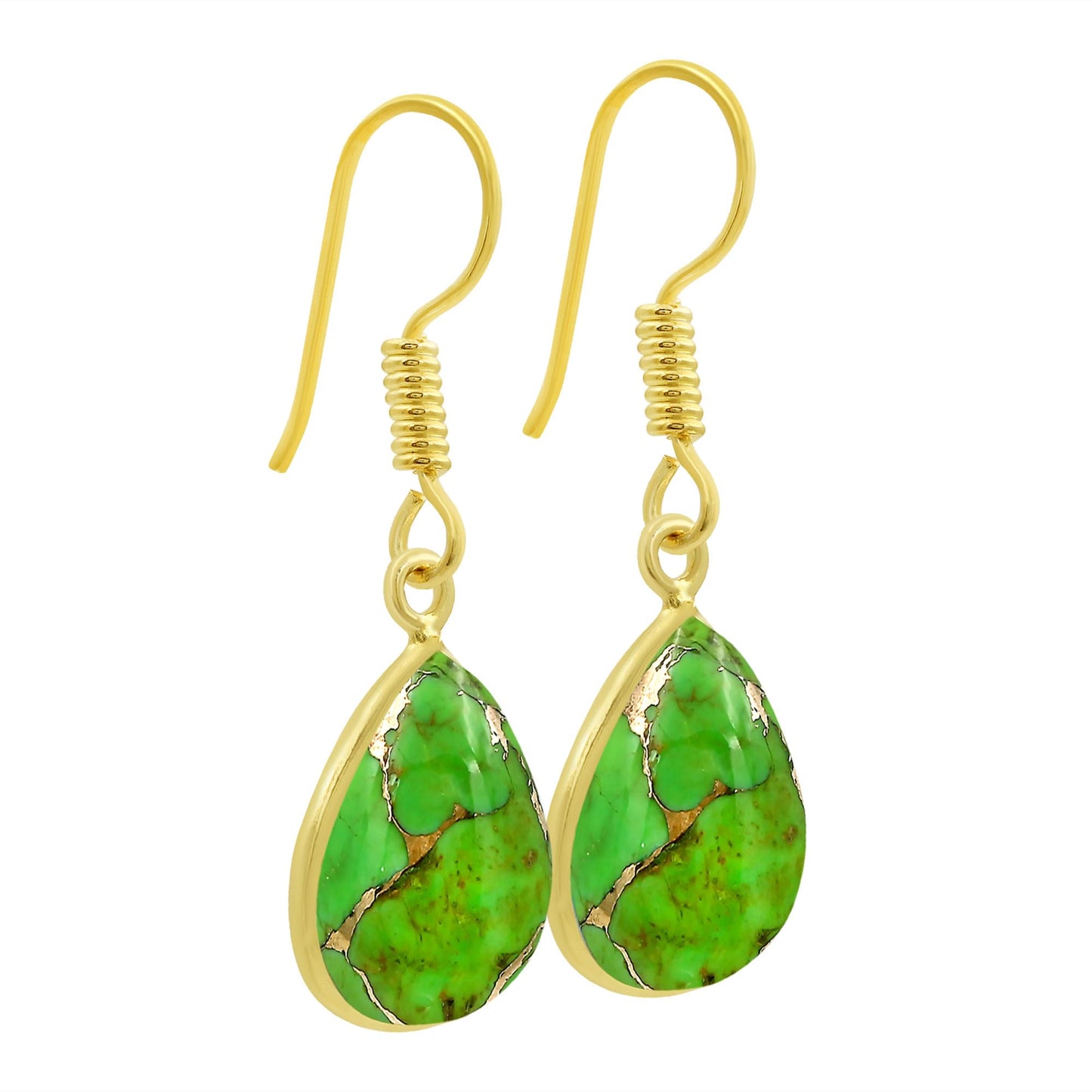 Natural Green Copper Turquoise 14K Yellow Gold Plated Dangle Earrings for Women - December Birthstone Teardrop Shape Green Gemstone Handmade Earrings Jewelry Gifts for Her