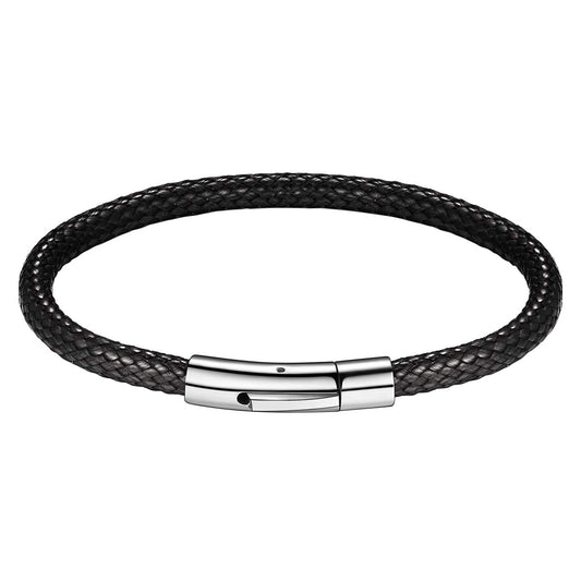 FOCALOOK Black Leather Bracelet for Men, Braided Wax Rope Bracelet with Stainless Steel Clasp Engraved Inspirational Wristband Fathers Day Gift for Him Husband Dad Friend 7inch(18cm)