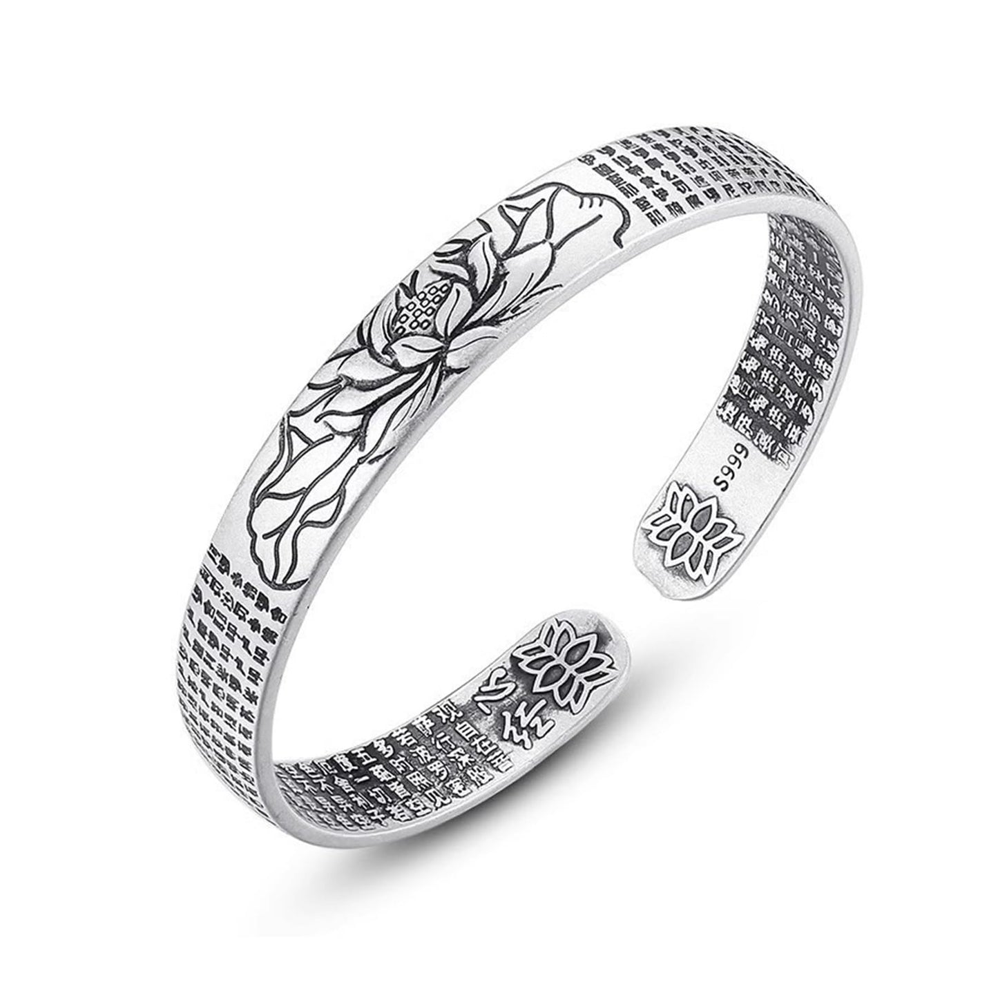 Feng Shui Lotus Heart Sutra Bracelet - Adjustable Vintage Silver Bracelet for Women Men, Tibetan Buddhist Mantra Lucky Amulet, Wealth Luck Protection Meditation Gifts (C)