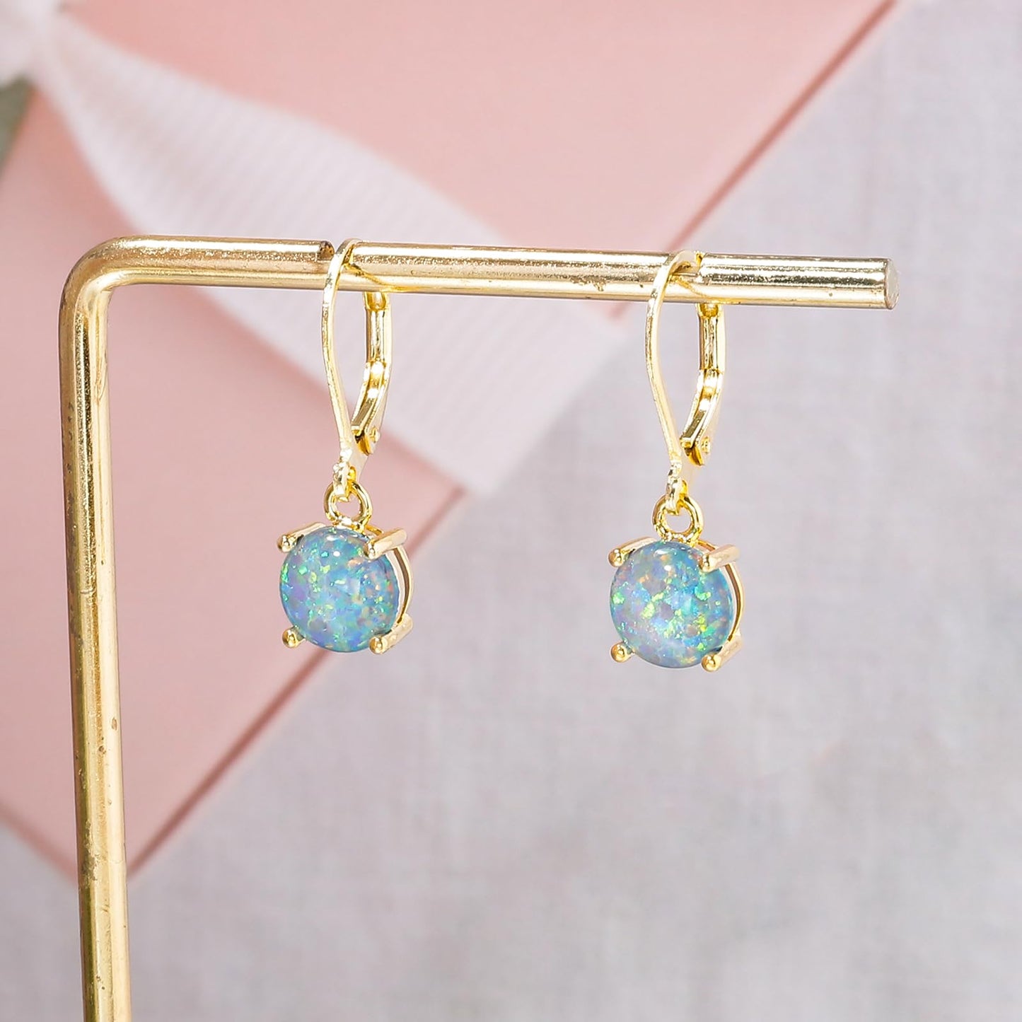 CiNily Round-Cut Opal Dangle Earrings for Women Hypoallergenic Blue Purple Fire Opal Rhodium Plated Leverback Gemstone Drop Earrings Jewelry for St Patrick's Day Easter Mother's Day Graduation