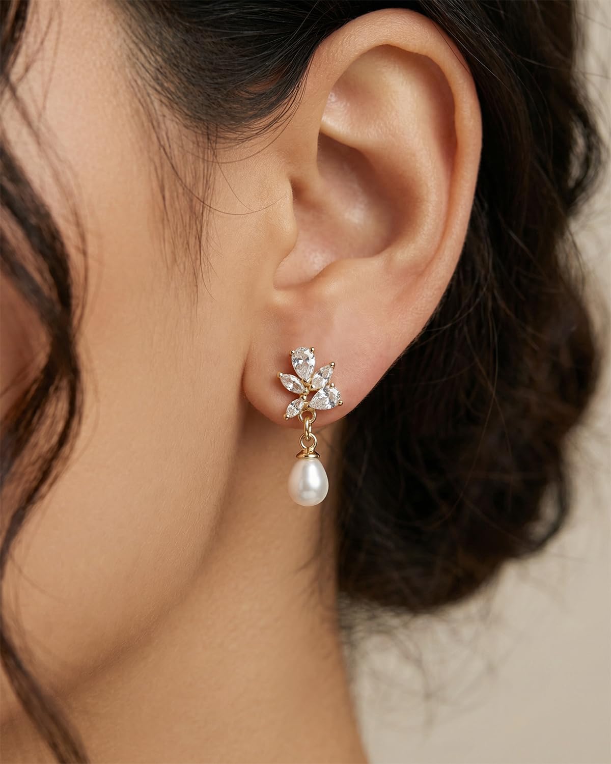 PRTGL Pearl Earrings: 14k Gold-plated Cubic Zirconia Accented Teardrop Pearl Drop Wedding Engagement Earrings For Women Bridal Bridesmaid (Leaf Designed)