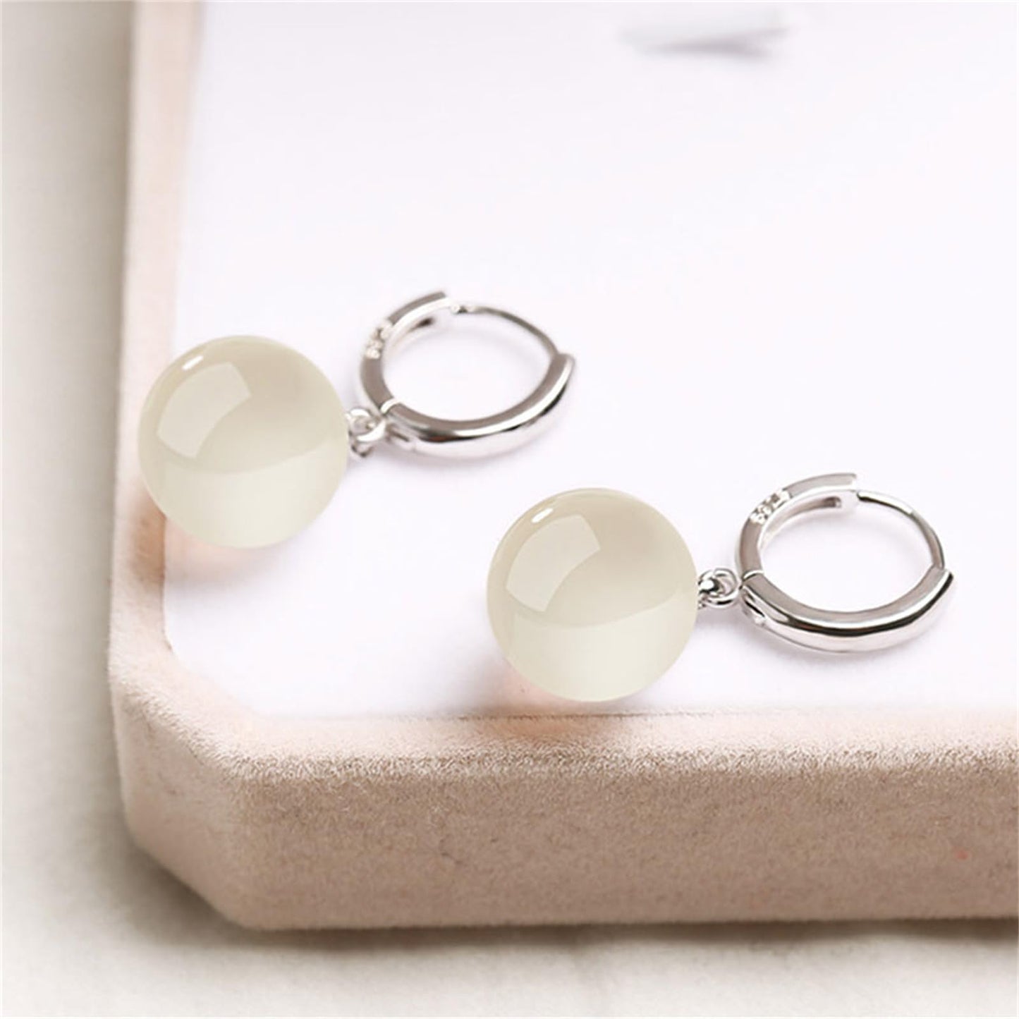 QLYOVWE Handmade Jade Earrings Basic Gemstone Round 12MM Bead Ball Drop Dangle Earrings Rose Quartz Stone Natural Agate Bead Jade Drop Earrings for Women