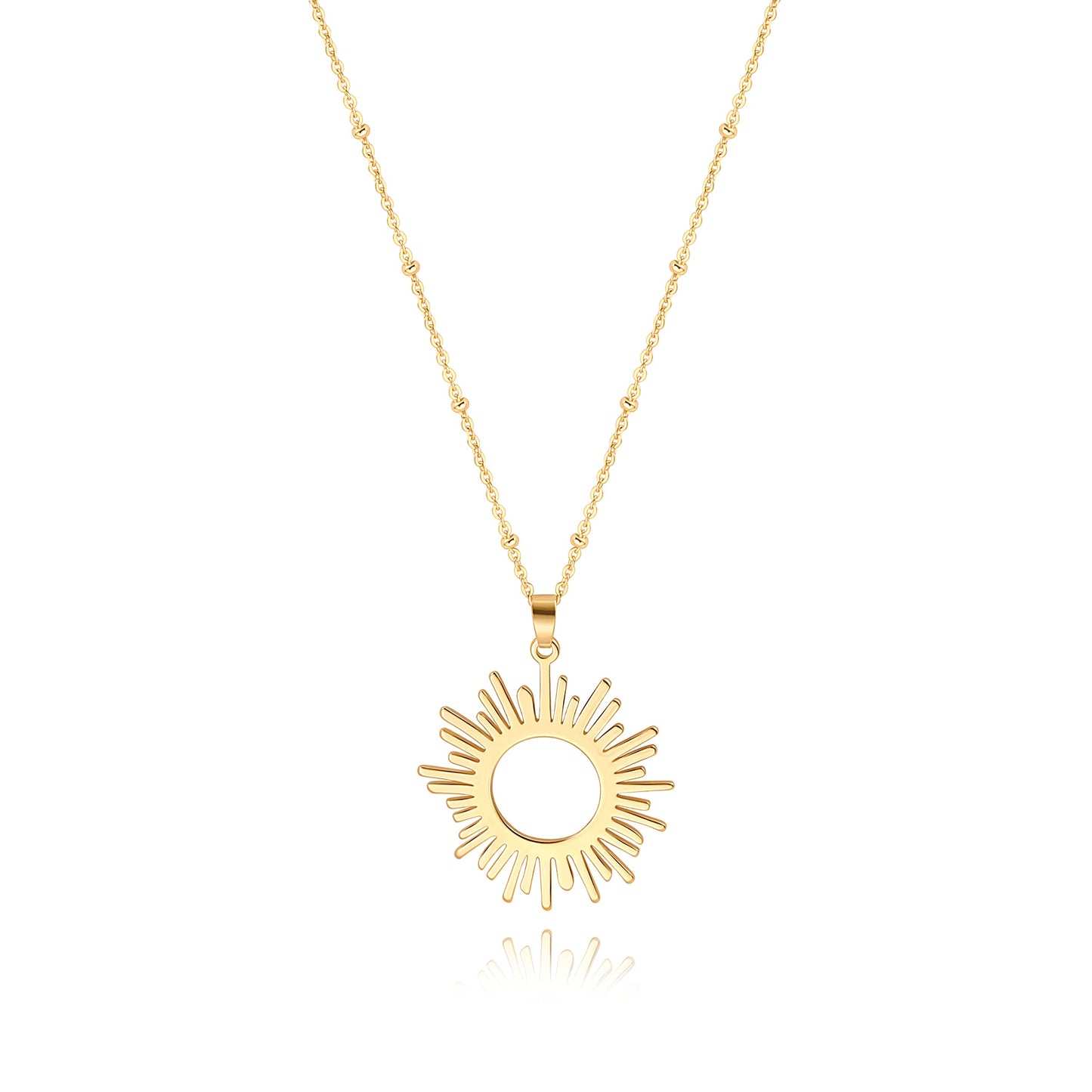 CANEVINKA 18k Gold Plated Flat High Polish Sun Hoop Pendant Beads Station Necklace Flake Gold Sunshine Pendant Satellite Chain Necklace for Women