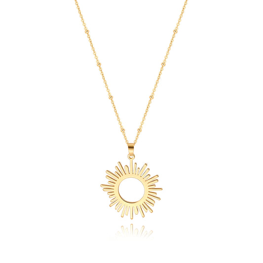 CANEVINKA 18k Gold Plated Flat High Polish Sun Hoop Pendant Beads Station Necklace Flake Gold Sunshine Pendant Satellite Chain Necklace for Women