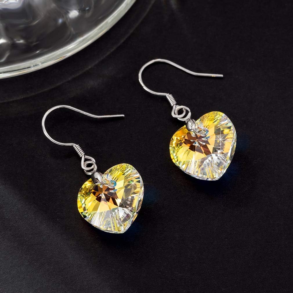 Austrian Crystal Heart Drop Dangle Earrings for Women 925 Sterling Silver Hook Hypoallergenic Earring (Aurora Borealis)