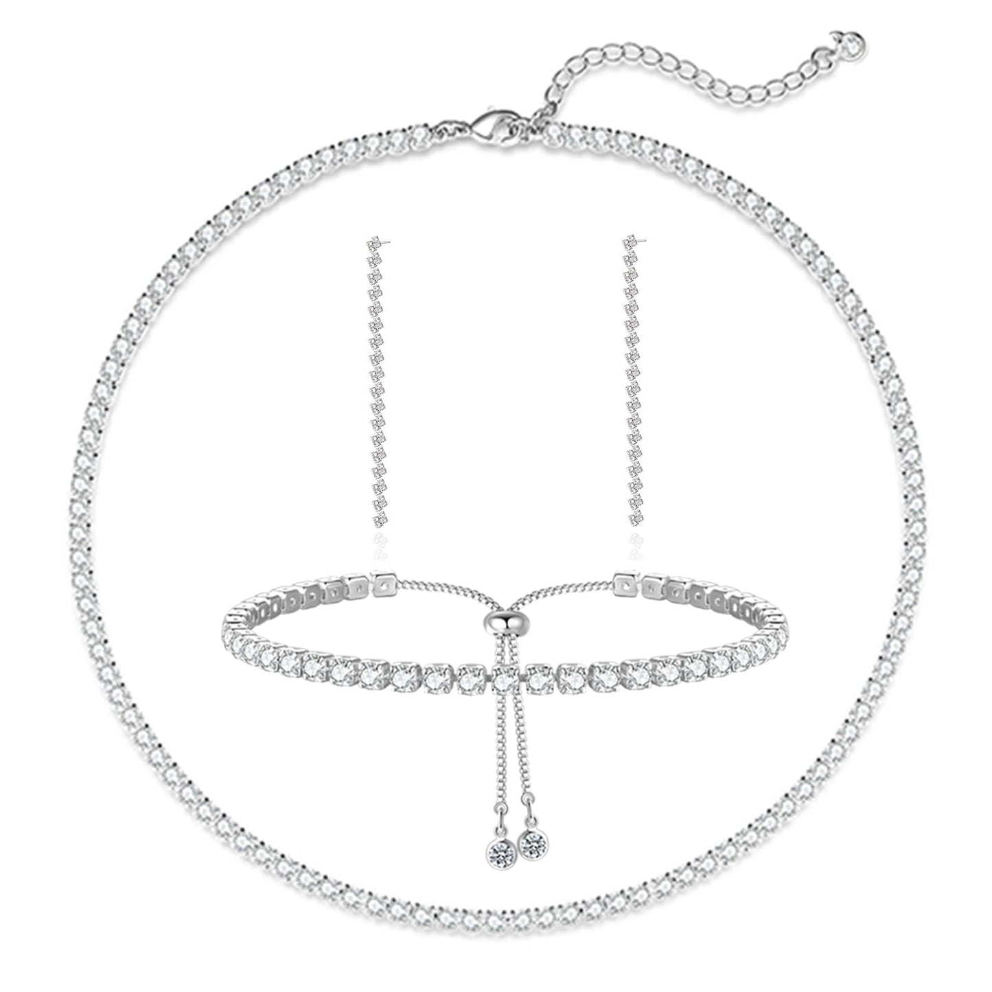LULII Tennis Necklace Set for Women Dainty Sterling Silver Necklace and Earring Sets Rhinestone Drop Dangle Earrings Crystal Bracelets for Women Silver Jewelry Sets for Bride Gift
