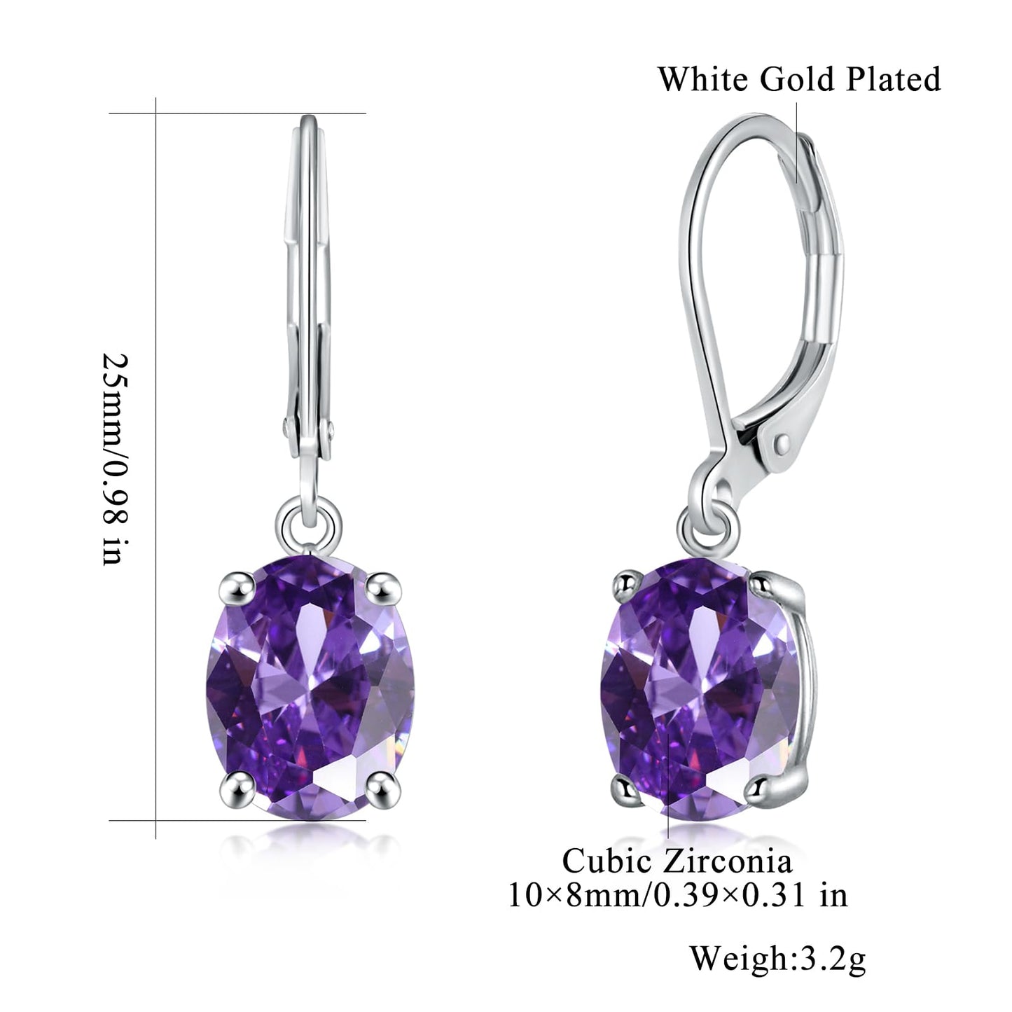 CiNily Cut-Oval Leverback Dangle Earrings for Women Purple Cubic Zircon 14k White Gold Plated Hypoallergenic Hanging Earrings Lightweight Summer Drop Earrings