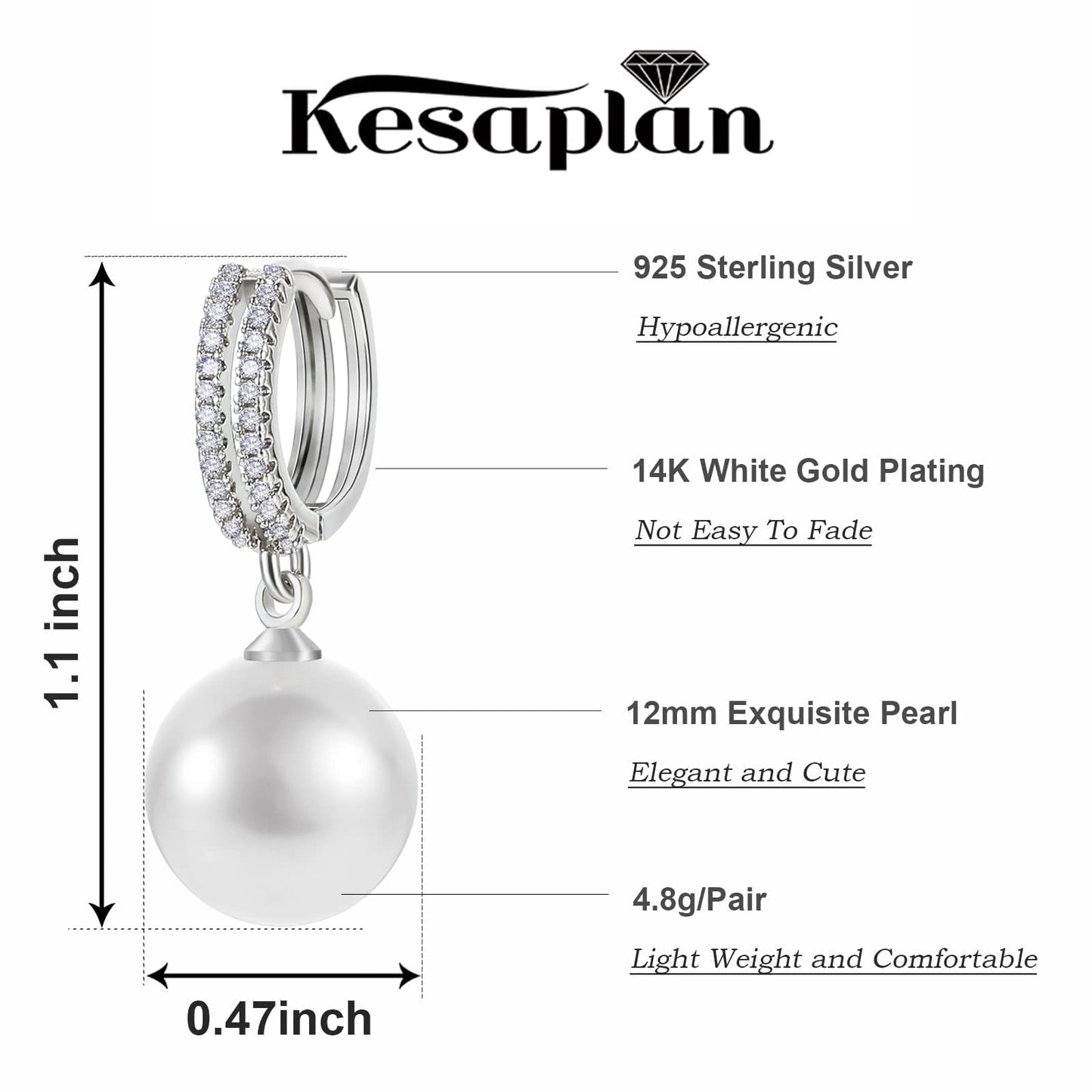 Pearl Earrings for Women 14K Gold Plated Hypoallergenic Pearl Earrings 5A Cubic Zirconia Dangle Earrings Elegant Jewelry (4-Silver)