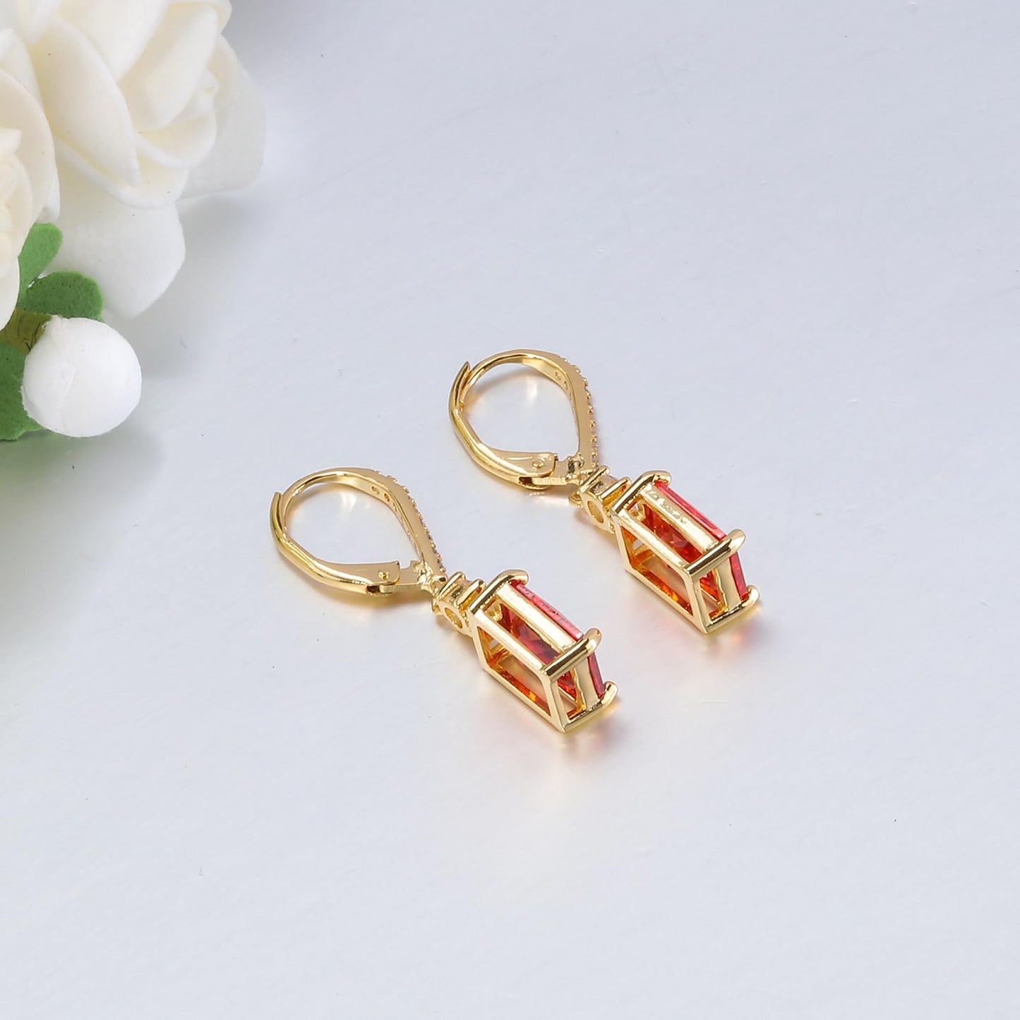 CiNily Leverback Earrings for Women Rectangular-cut Drop Dangle Earring Hypoallergenic, 14K Gold Plated Orange Cubic Zircon Earrings Diamond Dangle Ear Rings Jewelry Wedding