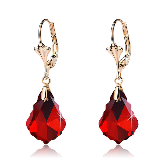 Austrian Crystal Baroque Drop Leverback Earrings for Women Fashion 14K Gold Plated Hypoallergenic Jewelry (Red)