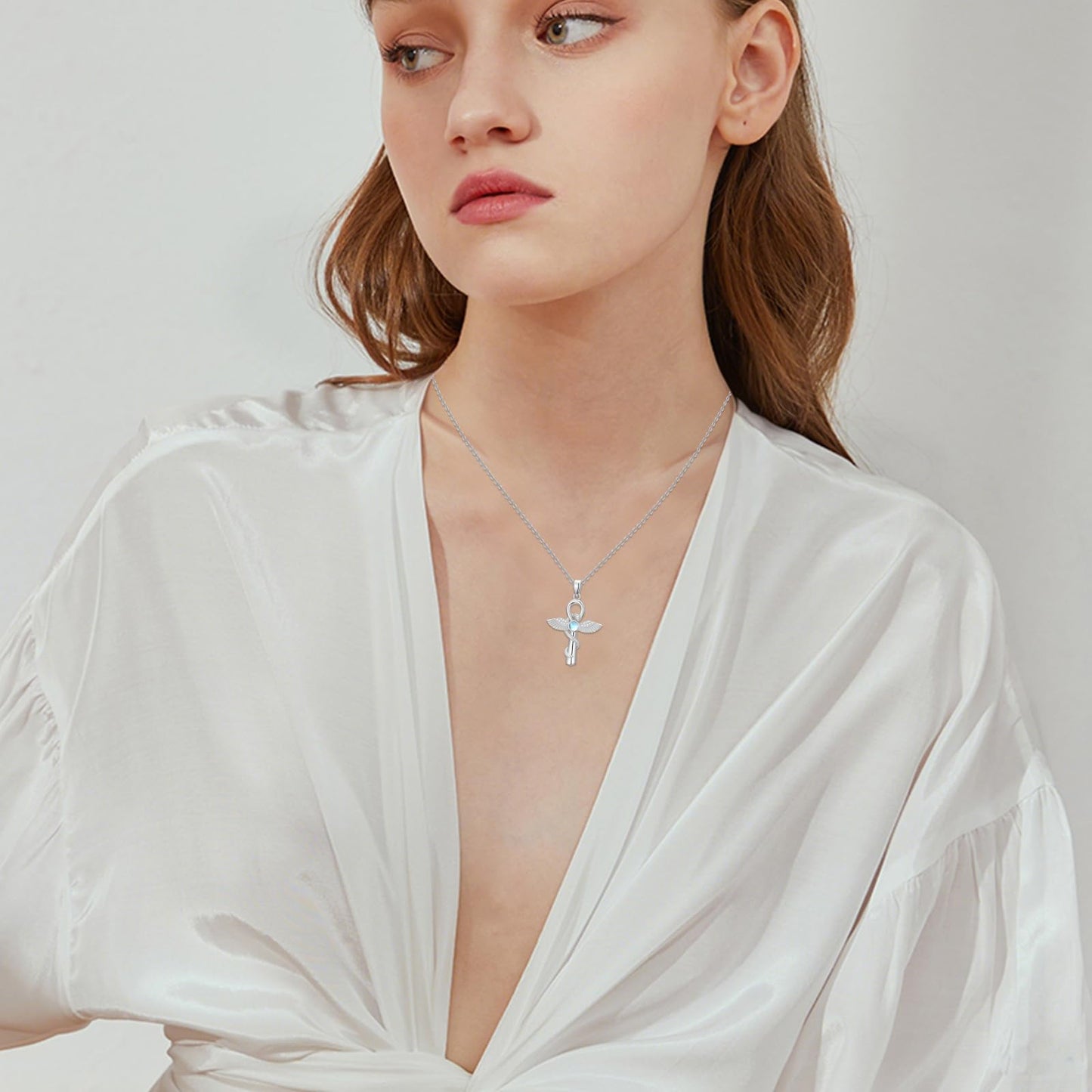YEESIA Cross Necklace for Men and Women, 925 Sterling Silver Anka Cross Pendant Necklace with Moonstone, Egyptian Protective Jewelry Gift for Men and Women