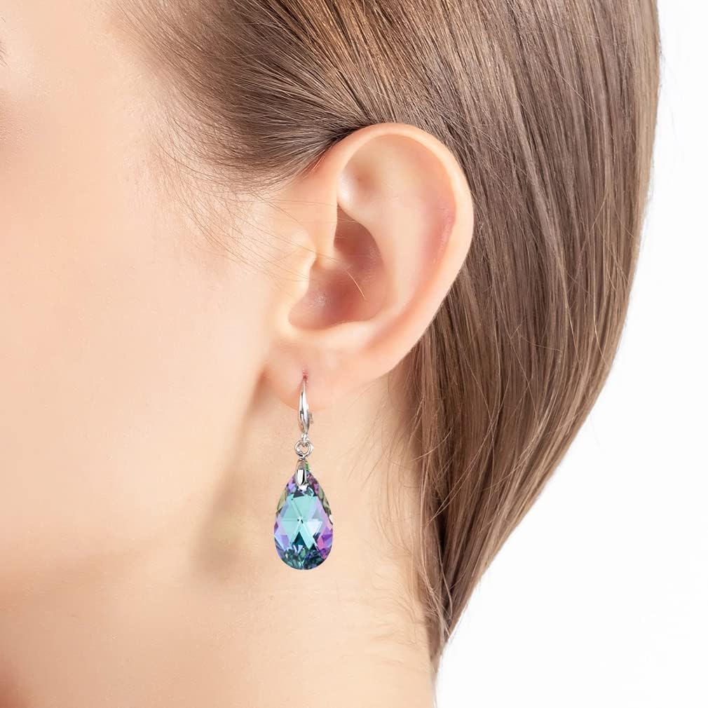 Austrian Crystal Teardrop Dangle Hook Earrings for Women 14K Gold Plated Hypoallergenic Jewelry (Vitrail Light)