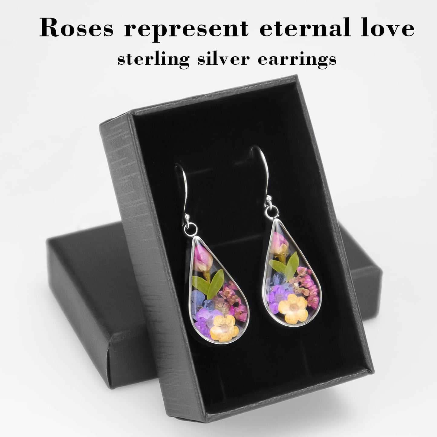 925 Sterling Silver Pressed Flower Teardrop Earrings,Hypoallergenic Women's Jewelry Gift for Mom,Handmade natural dried flower teardrop earrings Jewelry Gift (Silver Rose)