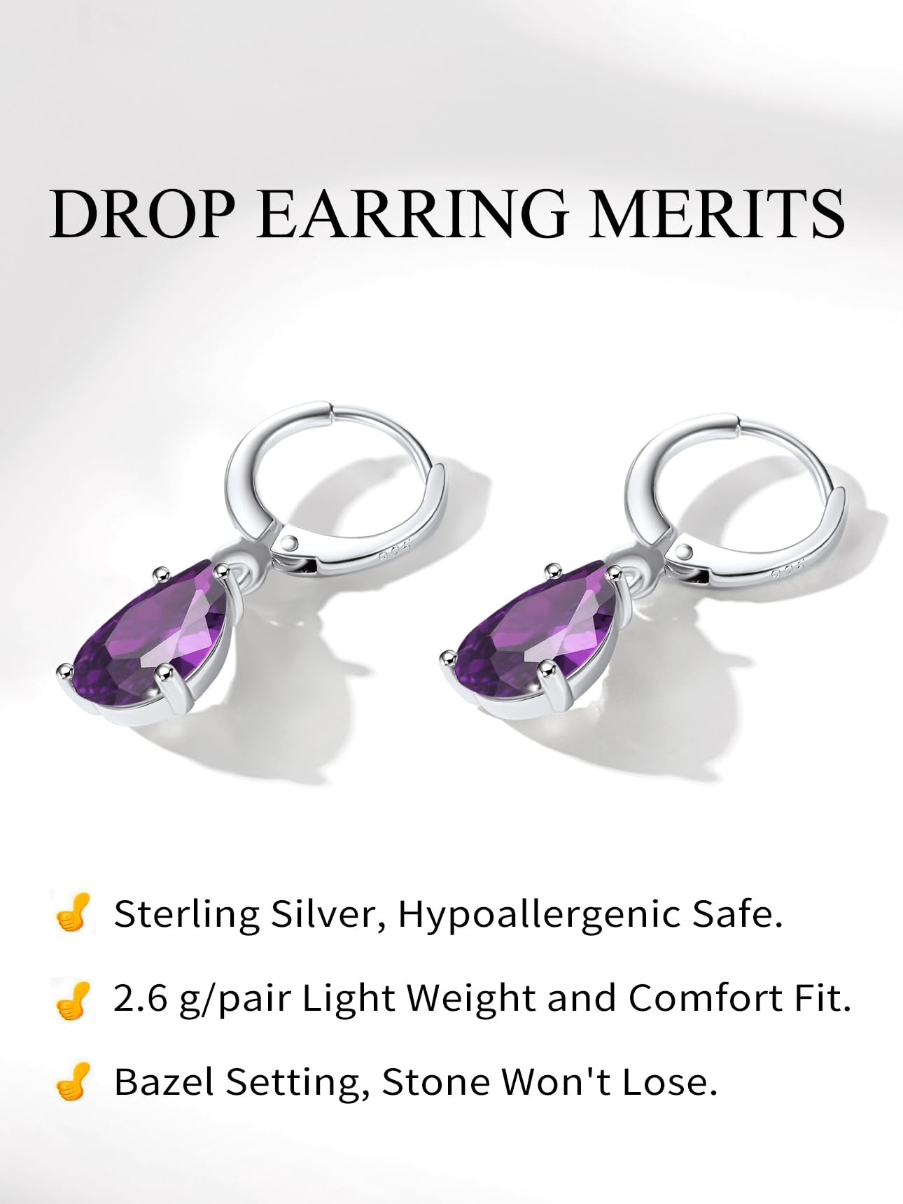 Bestyle Silver February Birthstone Dangle Earrings - Amethyst Crystal Drop Baguette Earrings for Women - Dainty Cute Small Silver Huggie Hoop Dangle Earrings for Birthday Wedding Party Gowns