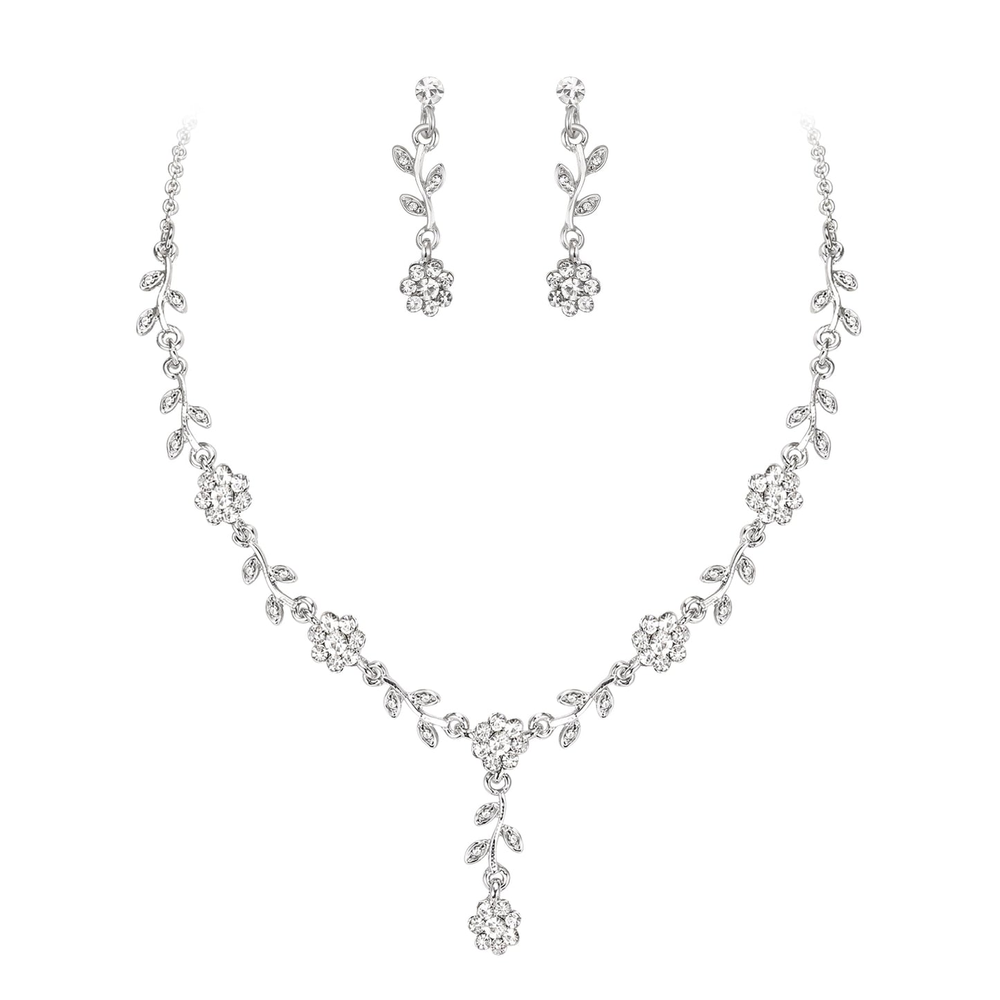 EVER FAITH Wedding Jewelry Set for Bride Bridesmaid, Austrian Crystal Cluster Flower Leaf Party Necklace Earrings Sets Clear Silver-Tone