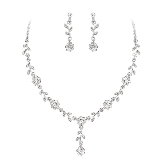 EVER FAITH Wedding Jewelry Set for Bride Bridesmaid, Austrian Crystal Cluster Flower Leaf Party Necklace Earrings Sets Clear Silver-Tone