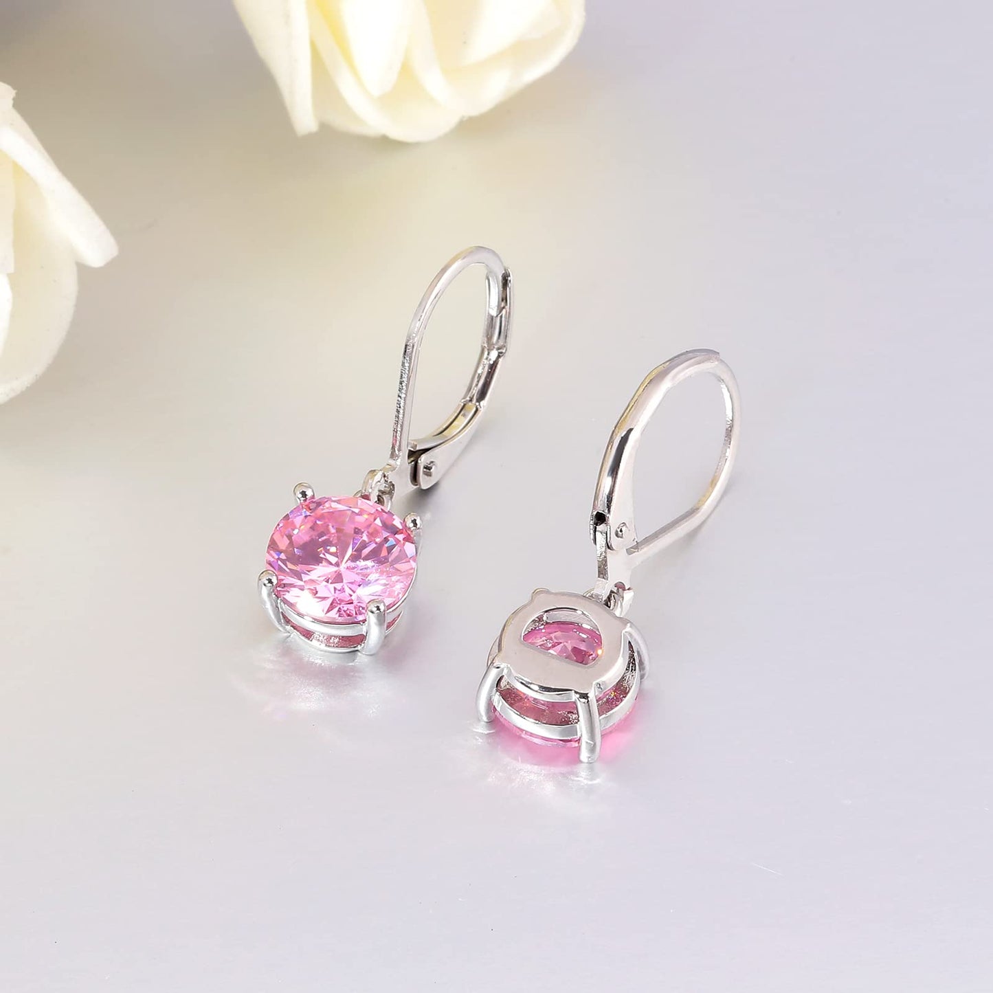 CiNily Leverback Dangle Earrings for Women Ladies Pink Cubic Zircon Pendant Earrings 14K White Gold Plated Hypoallergenic Crystal Drop Earrings for Sensitive Ears Jewelry 8 mm