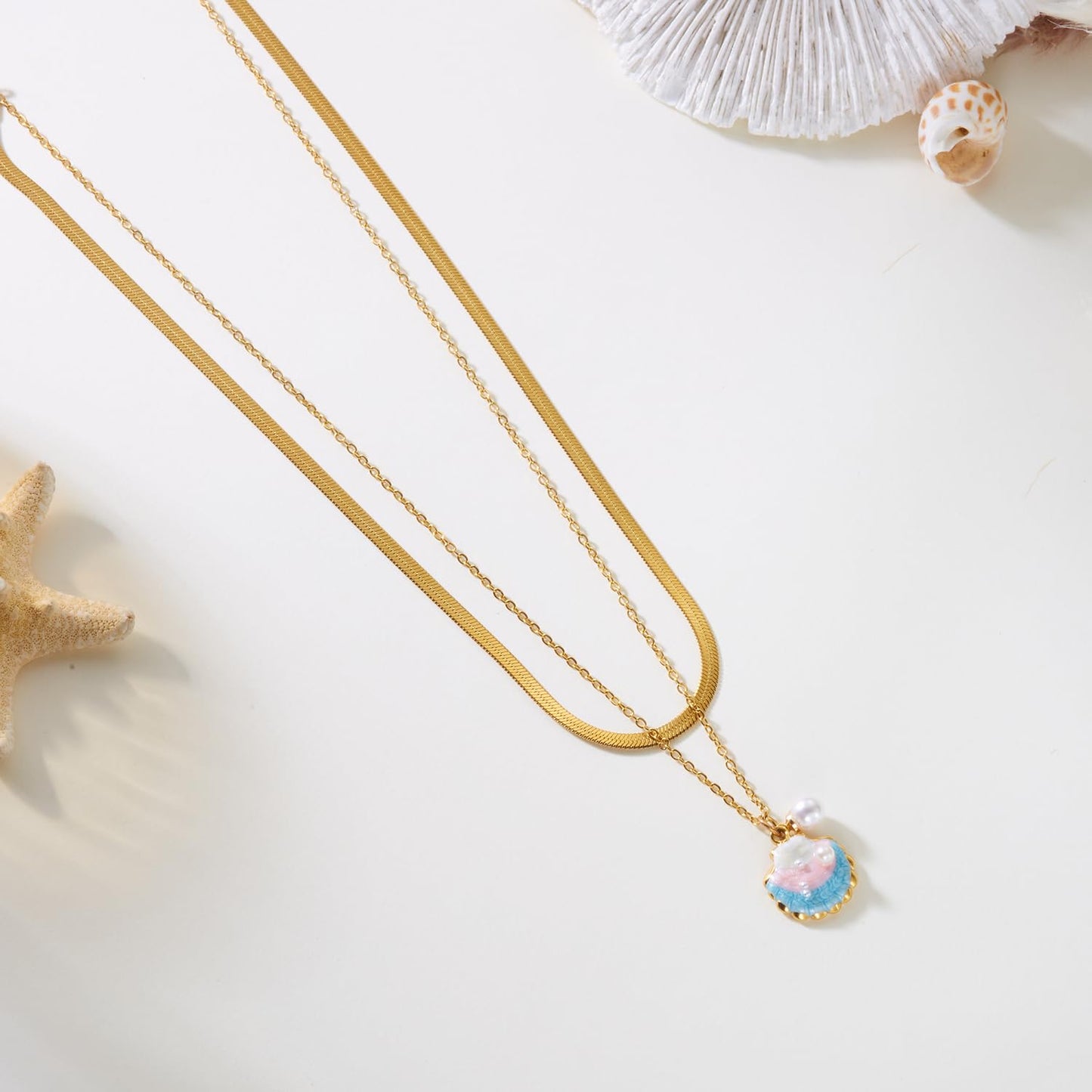 Harlermoon Gold Starfish Necklace for Women - 18K Gold Plated Stainless Steel Ocean Beach Jewelry, Sea Turtle Shell Pearl Pendant, Waterproof Non Tarnish Snake Chain Choker, Summer Vacation Mermaid Gifts (Small Shell Snake Chain)