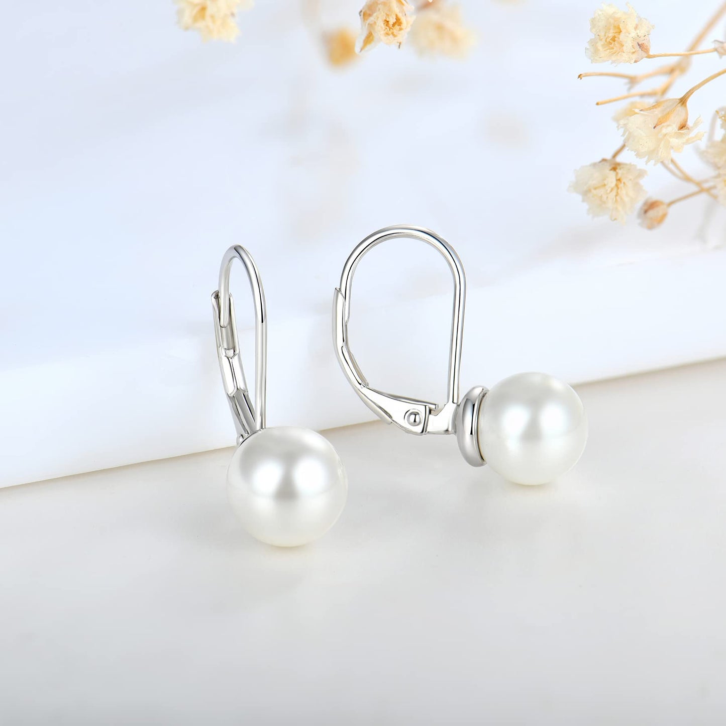 JO WISDOM Pearl Earrings,925 Sterling Silver 8mm Freshwater Cultured Pearl Leverback Drop & Dangle Earrings for Women Wedding