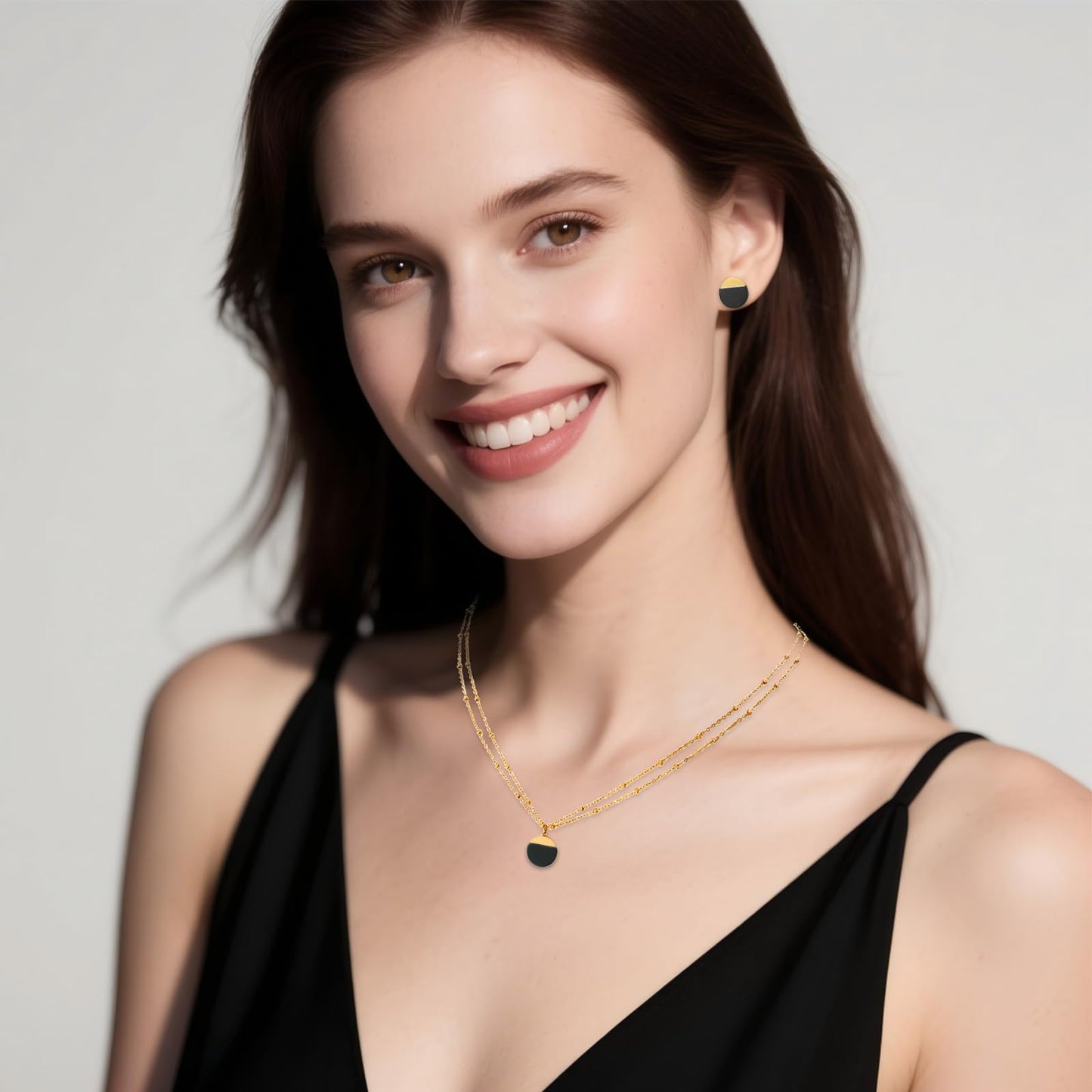 TaYolnFaSo Natural Black Agate Jewelry Set for Women 18K Gold Plated Black Onyx Stud Earrings Double Chain Necklace Set Dainty Jewelry Gift